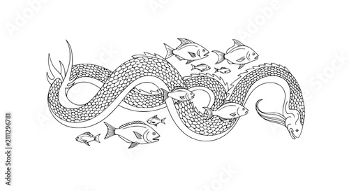 Bild auf Leinwand Ancient style engraving illustration of a giant sea monster swimming with fish