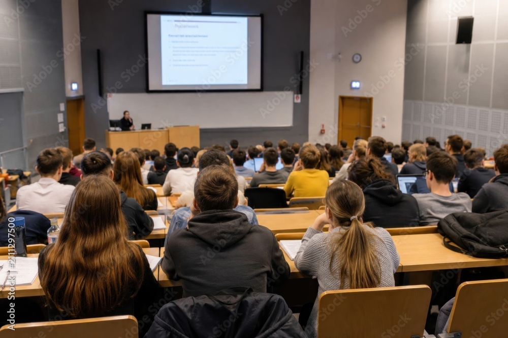 Obraz premium University college audience lecture hall filled with students attending a classroom presentation while a professor speaks from the front and slides are projected on a large screen.