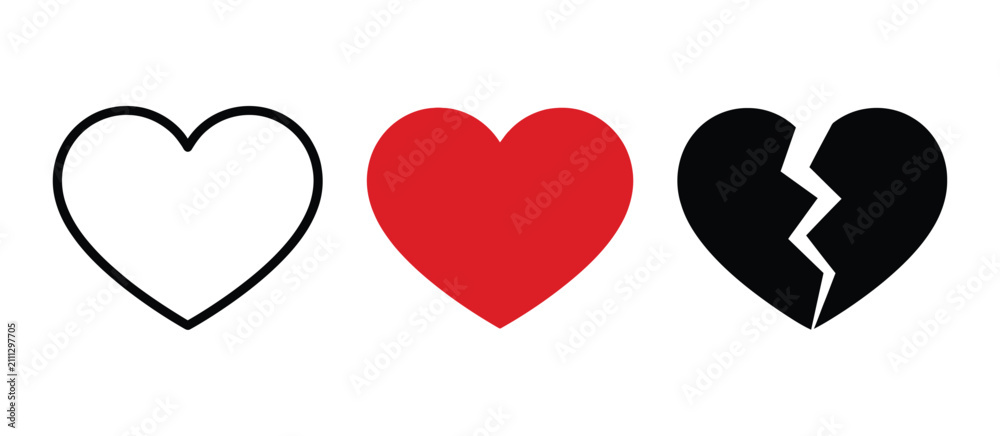 Obraz premium Set of three heart symbols including outline red and broken black heart