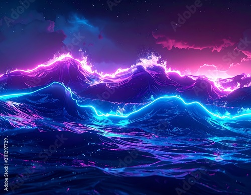 Neon Electric Waves Mountain Landscape Night.