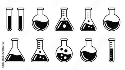 Fotografie laboratory glassware icons, chemical test tubes, erlenmeyer flasks, round bottom flasks, liquid bubbles and science laboratory vector illustration