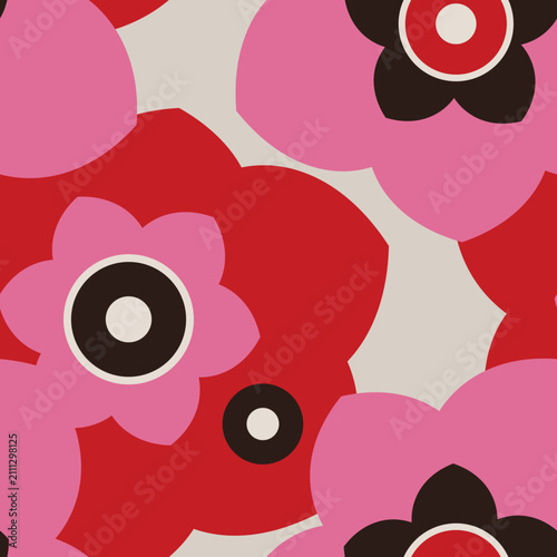 Colorful floral pattern with pink and red flowers on a light background