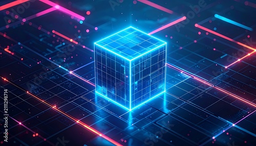 Neon glowing cube in digital grid.