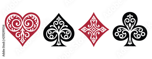 playing card suit symbols with floral heart, spade, diamond, club designs, casino gaming and ornamental vector illustration.