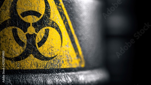 Biohazard warning sign on metal surface. Industrial chemical danger symbol on container.