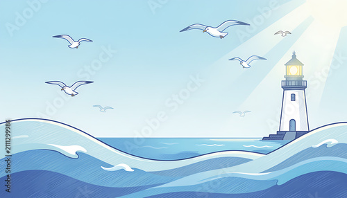 Lighthouse on rocky coast during daytime. Coastal navigation beacon with ocean waves and seagulls, maritime safety and navigation concept.