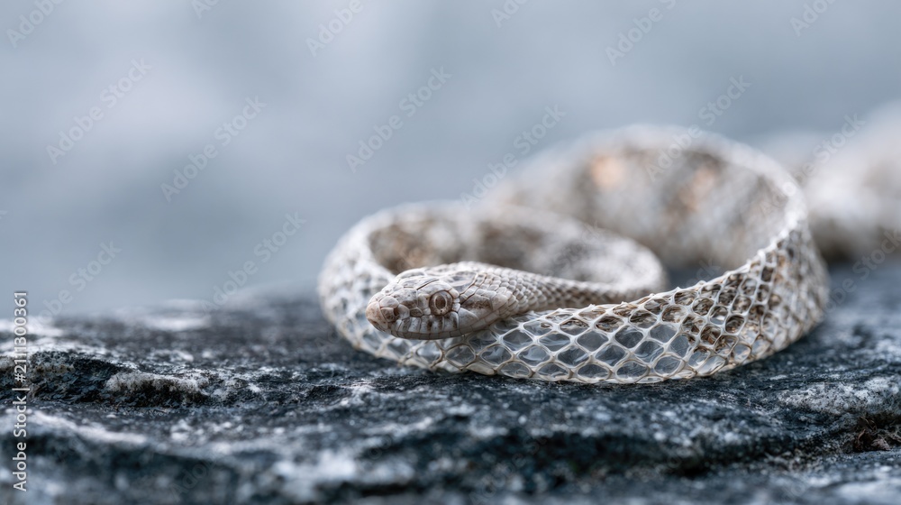 Obraz premium Dried snake skin on a dark rock. Shed reptile skin texture in a natural environment.