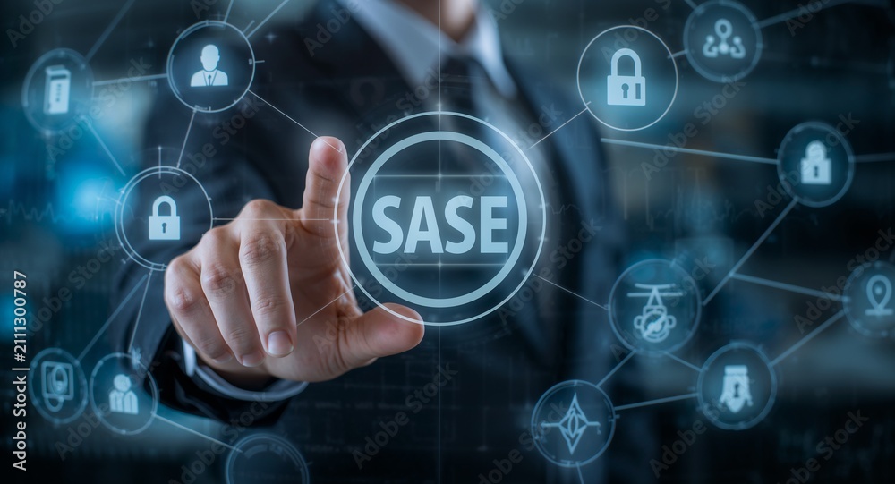 Obraz premium An engaging illustration of a person interacting with SASE concept icons on � Digital Marketing and Brand Strategy Concept for Social Media