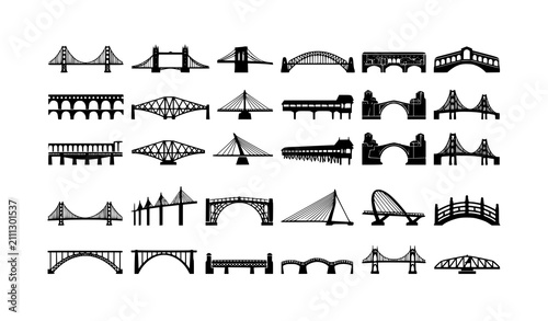Fotografía Iconic Bridge Silhouette Vector Set Isolated on White Background