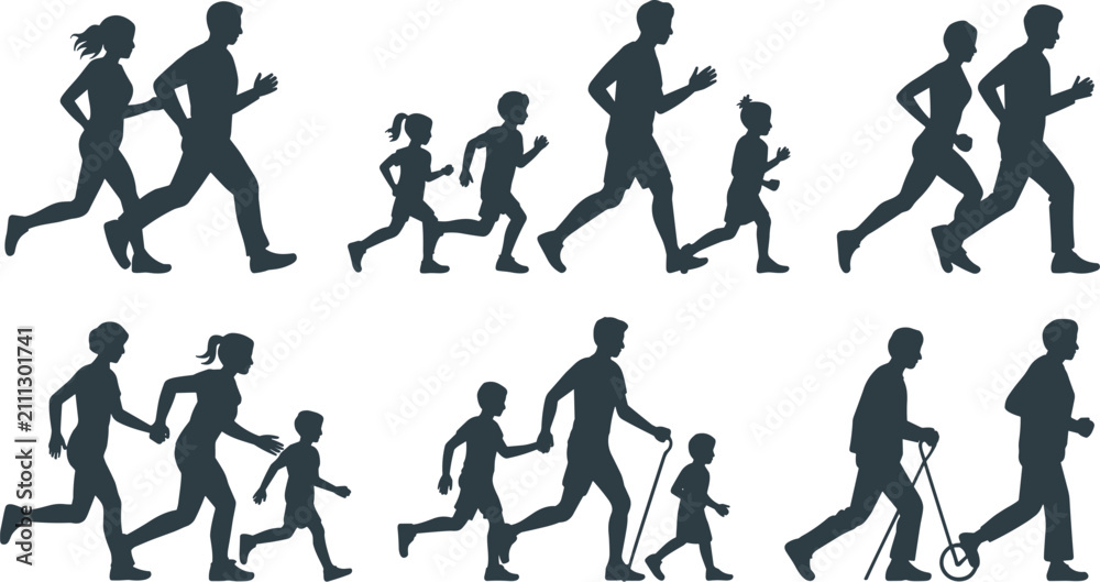 Obraz premium Running Family and Jogging People Silhouette Icon Set with Couples Parents Children and Seniors Exercising for Healthy Lifestyle Graphic Designs