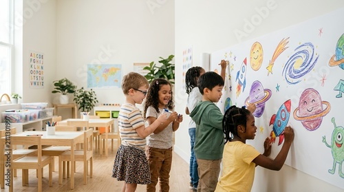 Diverse group of young children drawing space illustrations on a large wall mural in a bright classroom.