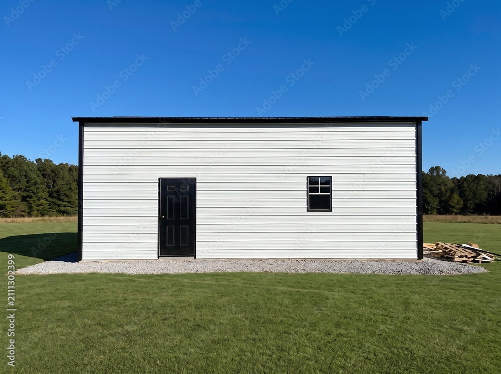 Obraz premium White Metal Garage with Double Doors and Black Accents in Open Green Field