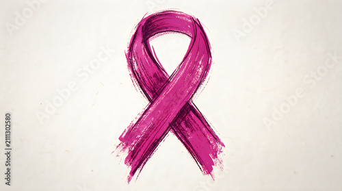 Pink ribbon brush stroke illustration isolated on white background for cancer awareness.