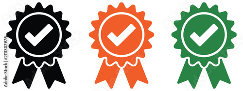 Bild auf Leinwand premium quality seal icons with certified award medals, checkmark trust badges, product verification, brand credibility and customer assurance vector illustration
