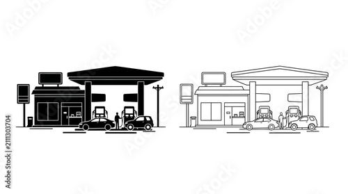 Obraz na plátne Gas Station Silhouette With Vehicles Black And White Line Art