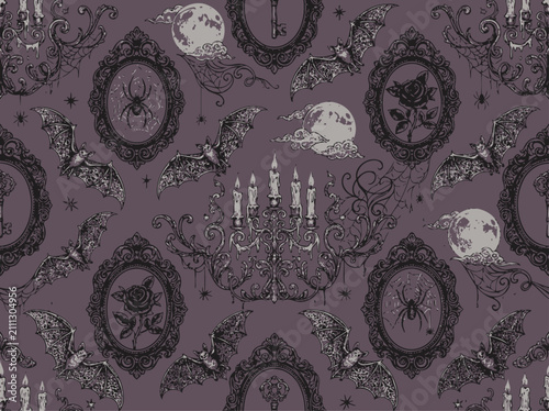 Seamless gothic pattern with melting candles and flying bats on a dark moody purple background