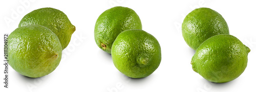 Fresh limes arranged in groups on a white background ready for cooking or garnishing drinks isolated on transparent background, PNG file