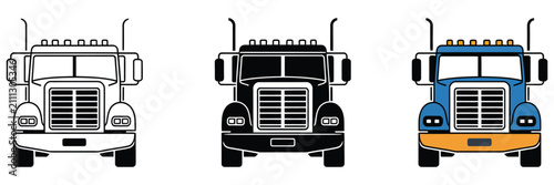 semi truck front view icons with heavy duty trailer, flat, outline and silhouette styles for cargo logistics and transport vector illustration.