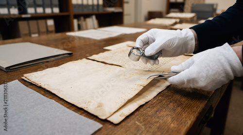 Archivist Wearing White Gloves Examining Historic Parchment Document with Magnifying Glass