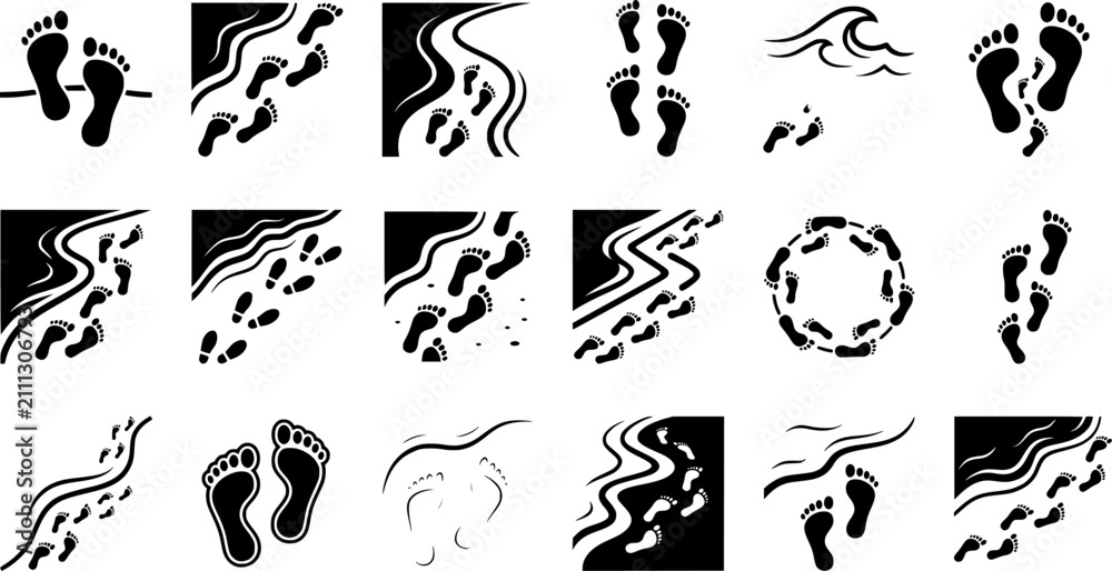 Obraz premium Beach Footprints Icon Set with Barefoot Tracks, Sandy Shorelines, Ocean Waves and Coastal Walking Paths