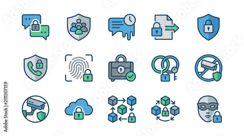 Professional cyber security and data protection vector icons set featuring privacy encryption cloud storage and biometric authentication for digital safety