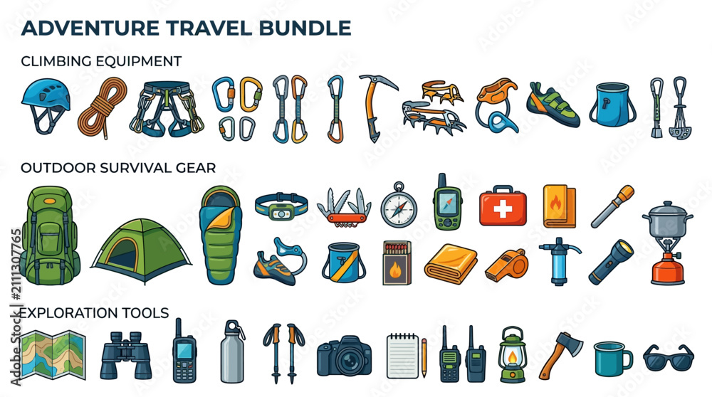 Obraz premium Adventure Travel Equipment and Outdoor Survival Gear Icon Set for Wilderness Exploration