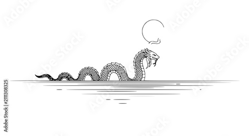 Photos Mythological sea serpent swimming in ocean water vector illustration with sun an