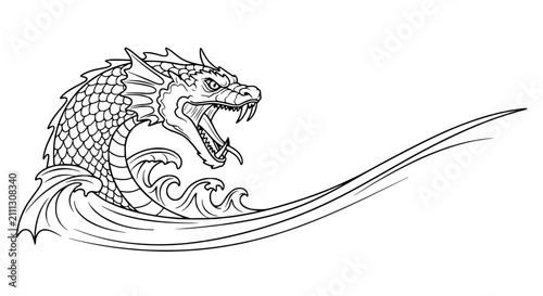 Quadro su tela Powerful Mythical Sea Serpent Monster Emerging From Ocean Waves Hand Drawn Line