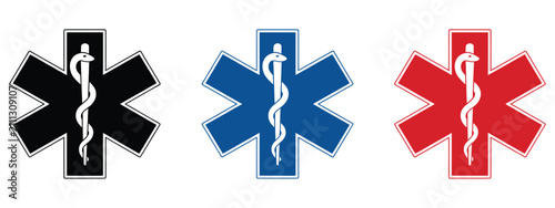 star of life icons with medical emergency symbols, healthcare signs, first aid emblem and rod of asclepius vector illustration.