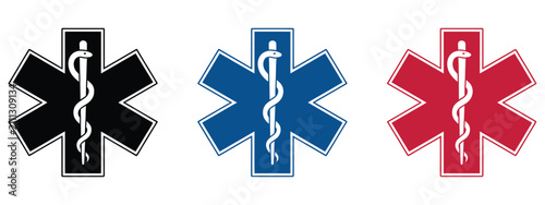 Quadro su tela star of life icons with multicolor medical emergency symbols, rod of asclepius, first aid and healthcare vector illustration