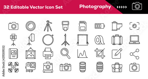 Fotografía Photography icon set with diverse equipment for digital content creation and vis