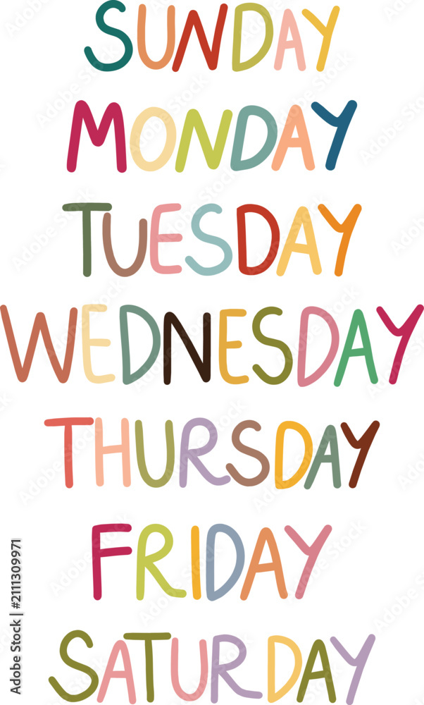 Obraz premium Colorful Days of the Week Vector Typography Set on Transparent Background