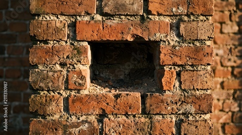 Closeup of an old, weathered brick wall with a missing brick creating a dark, rectangular hole in the center, rustic texture, industrial background