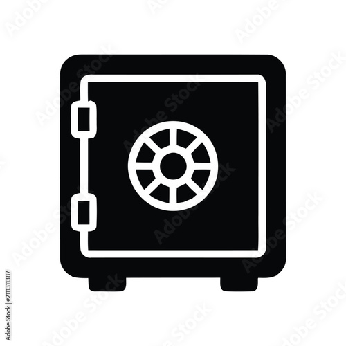 Black silhouette of a safe with a circular locking mechanism and hinged door on a transparent background.