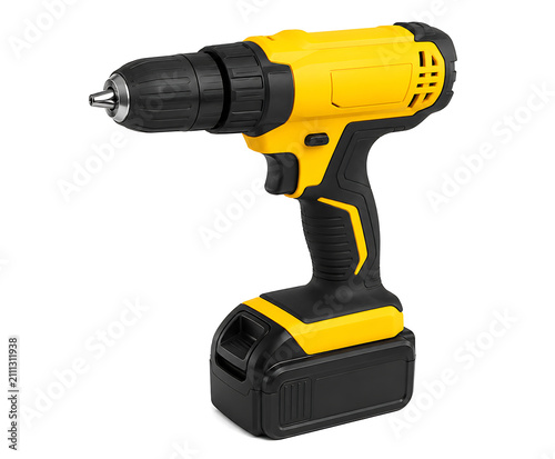 Yellow and Black Cordless Drill Isolated