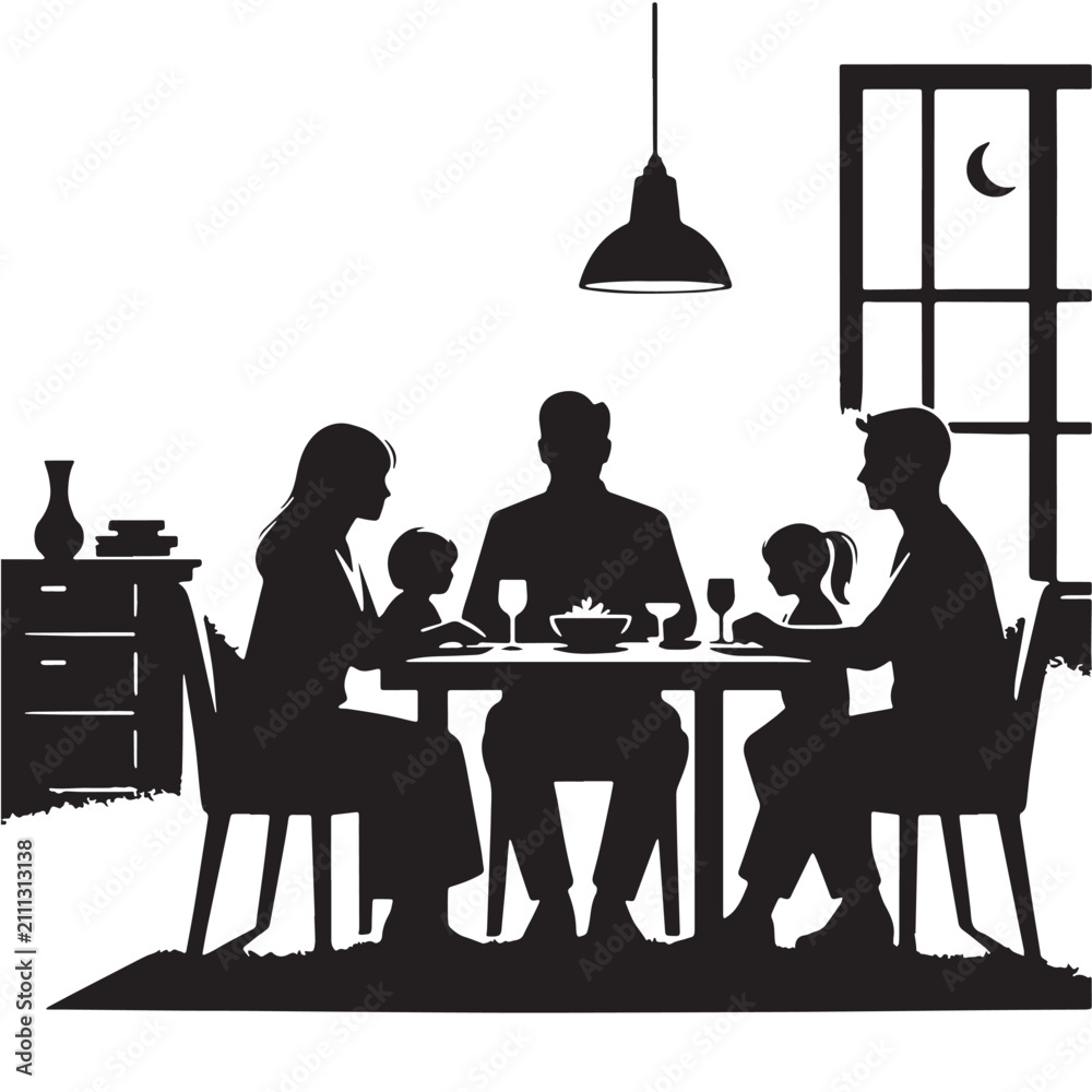 Fototapeta premium Black Home family dinner Silhouette Vector, High Quality Illustration on White Background