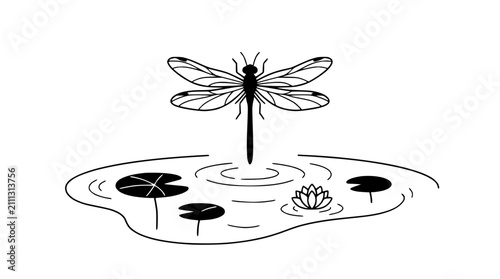 Foto Dragonfly over pond with water lilies and lily pads, simple line art illustratio