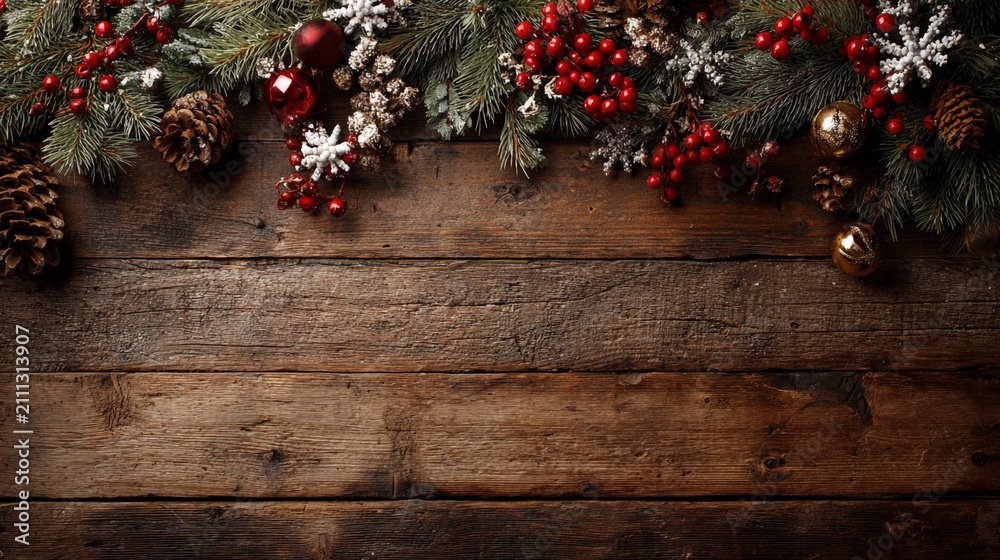 Obraz premium Festive Christmas background on dark wood featuring pine branches, cones, candy canes, red berries, angel wings, and gifts at top with copy space. 