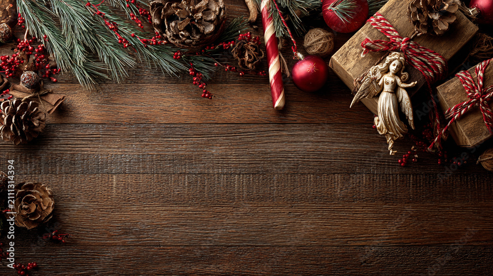 Obraz premium Festive Christmas background on dark wood featuring pine branches, cones, candy canes, red berries, angel wings, and gifts at top with copy space. 