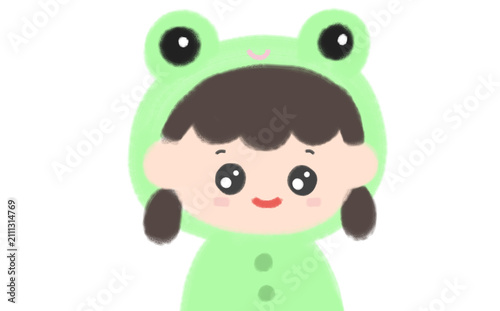 Cute kid wearing frog costume cartoon character illustration