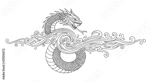 Cuadro en lienzo Hand drawn black and white dragon serpent emerging from ocean waves line art ill