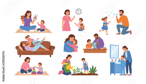 PrintHappy family daily routine bundle with parents teaching studying playing gardening and brushing teeth vector illustration set, 17 words.