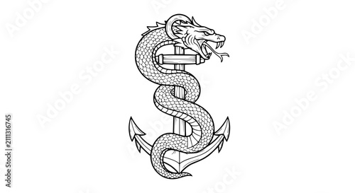 Dragon Serpent Wrapped Around Nautical Anchor Tattoo Style Illustration