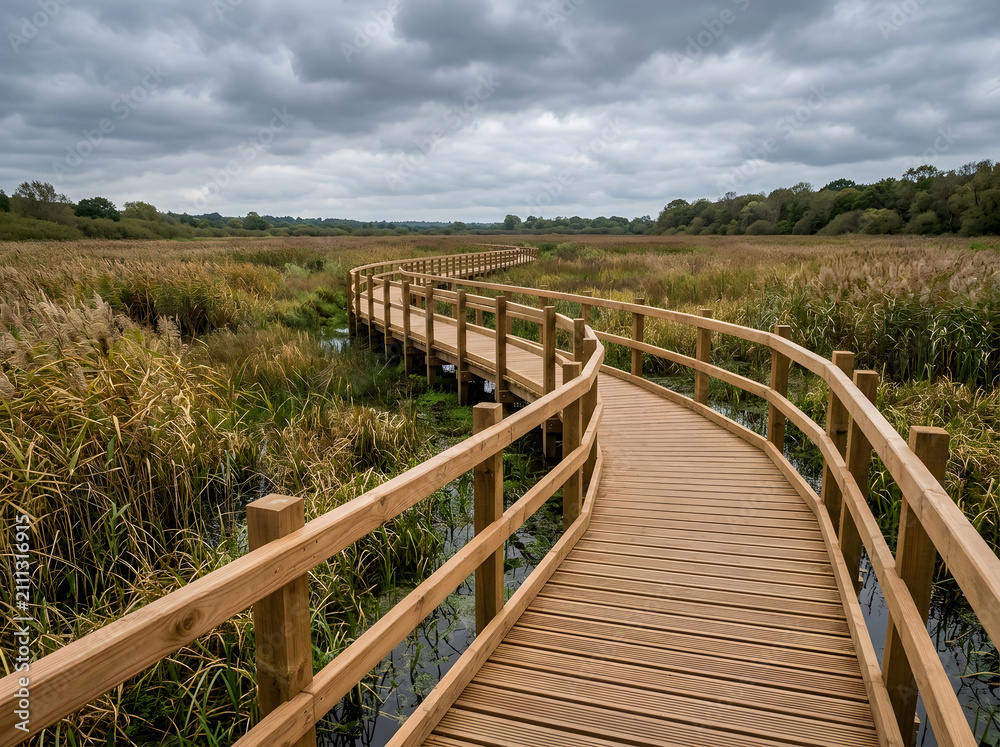Obraz premium Wooden boardwalk through wetlands | Scenic marshland nature trail | Winding path over swampy terrain | Outdoor park with raised walkway