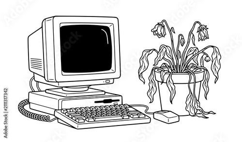 Canvastavla Retro Computer and Dead House Plant Vector Vintage Monitor with Withered Flower