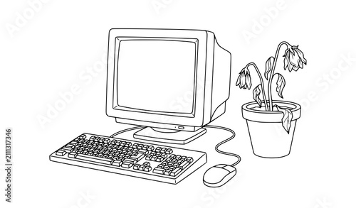 Foto Old Computer with Dead Potted Plant Black Line Art Vector Illustration