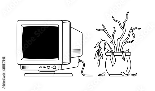 Canvastavla Vintage CRT Monitor and Withered House Plant Minimal Vector Illustration