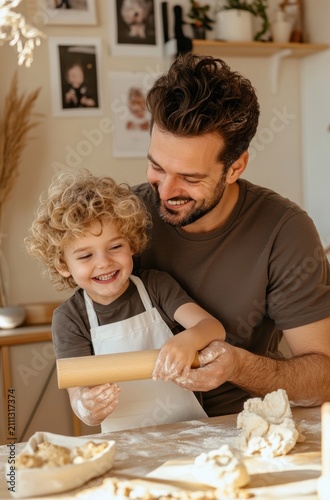 A happy father and son joyfully bake together, flour dusting their smiling faces as they use a rolling pin