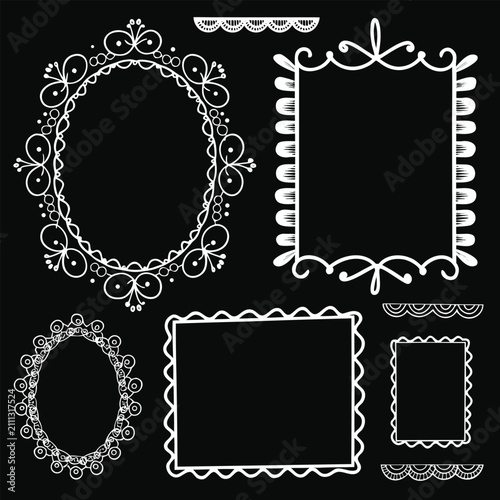 White whimsical lace frames. rectangle shapes, Oval with vintage elegance decorated with whimsy squiggles, lines