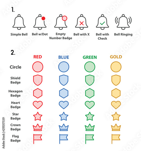 Notification bell icons and UI badges. Set of colorful web interface elements and symbols.